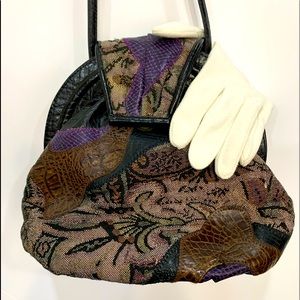 Unique Vintage1970's tapestry bag black leather strap and insets